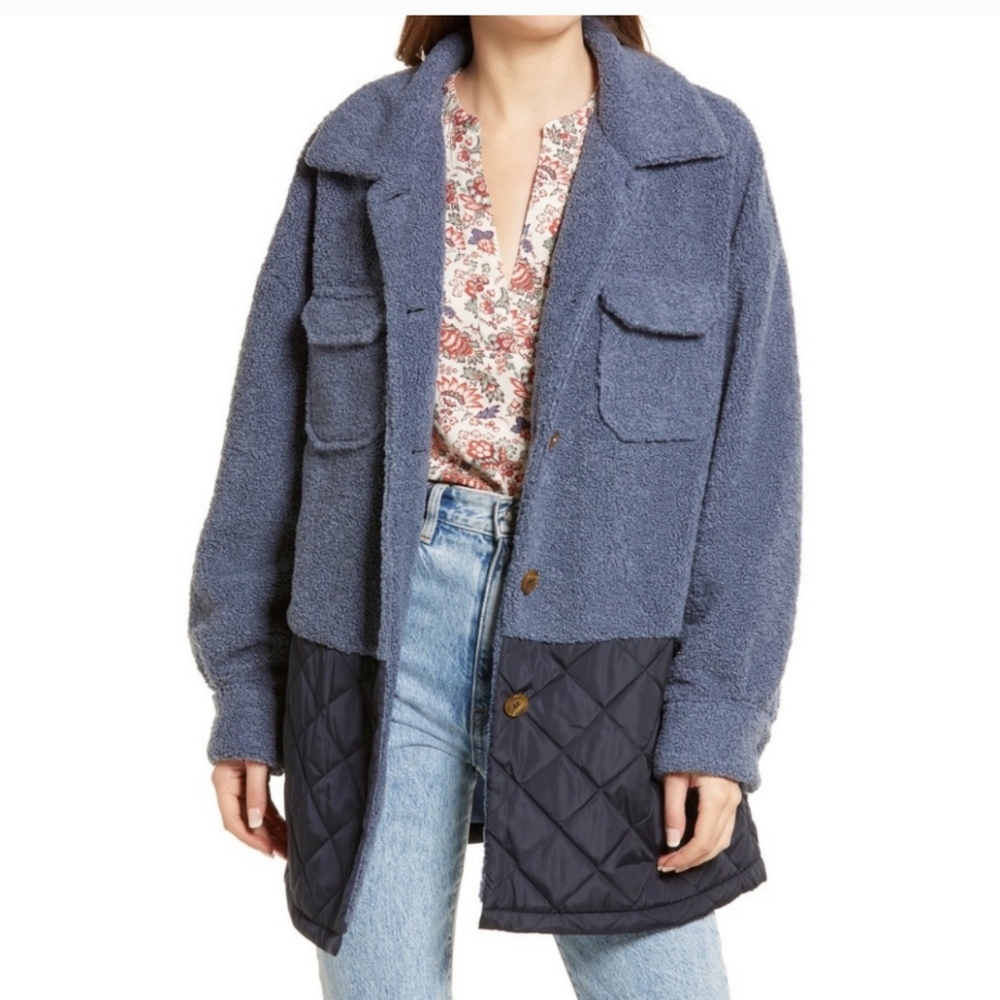 NWT Treasure & Bond Blue Faux Fur Quilted Jacket